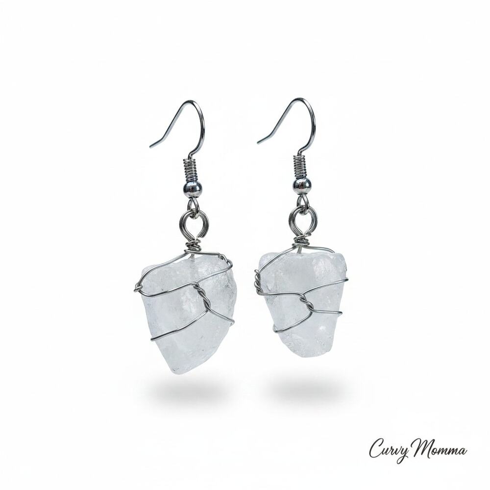 Handcrafted White Crystal Quartz Wire-Wrap Quarty Drop Earrings